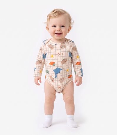 Body Manga Larga de Cuadros con Dinos y Ositos - Talle 0 a 18 Meses