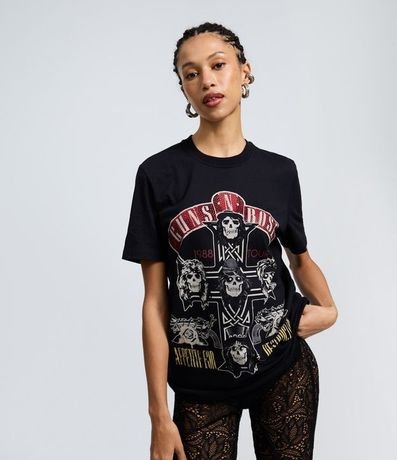 Remera Manga Corta con Estampa Guns N' Roses y Strass