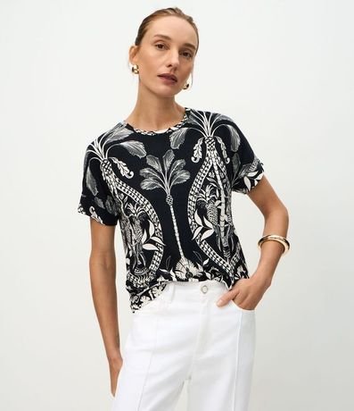 Blusa Manga Corta en Viscolycra con Estampa Tropical
