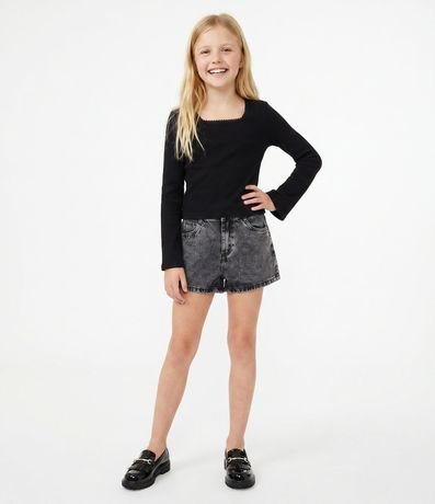 Blusa Infantil Manga Larga con Escote Cuadrado y Encaje – Talle 7 a 16 años