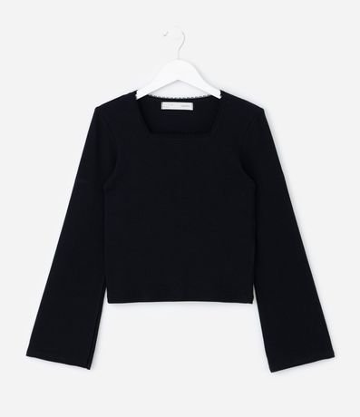Blusa Infantil Manga Larga con Escote Cuadrado y Encaje – Talle 7 a 16 años