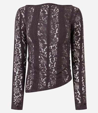 Blusa Asimétrica Manga Larga en Encaje con Fruncido Lateral