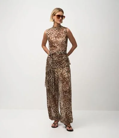Pantalón Aladim en Tule con Cintura Ancha y Estampado Animal Print