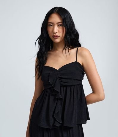 Blusa Bata en Crepé con Busto Fruncido y Volado Delantero
