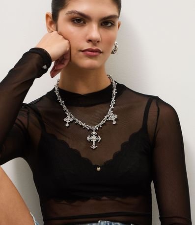 Conjunto de Collar Corto con Colgantes de Cruz y Caravanas Aro