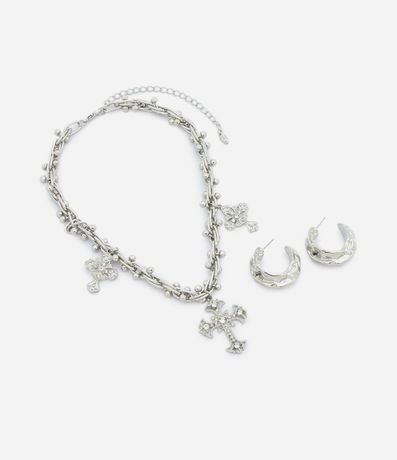 Conjunto de Collar Corto con Colgantes de Cruz y Caravanas Aro 3