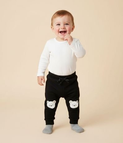 Pantalón Infantil Algodón con Felpa y Estampa de Oso – Talle 0 a 18 Meses