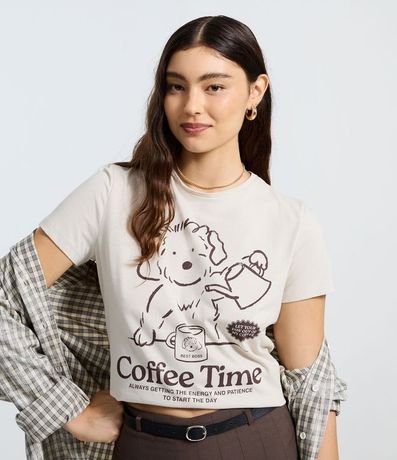 Remera T-shirt en Algodón con Estampa de Perrito en el Coffee Time