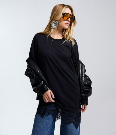 Vestido Recto en Algodón con Encaje en el Ruedo