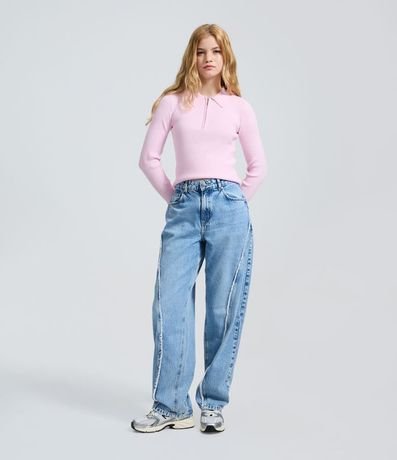 Pantal�n Baggy en Jeans con Bordado Deshilachado y Cintura Mediana