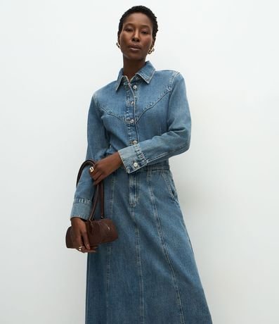 Pollera Evasê Jeans con Cintura Alta y Recortes Marcados 2