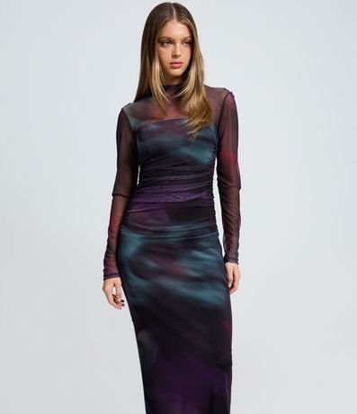 Vestido Midi en Tul con Efecto Manchado y Fruncidos 2