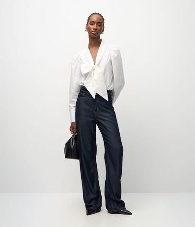 Blusa en Algodón con Manga Abullonada y Cuello Lazo 2