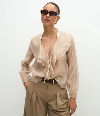 Blusa Amplia en Organza con Escote en V y Volados