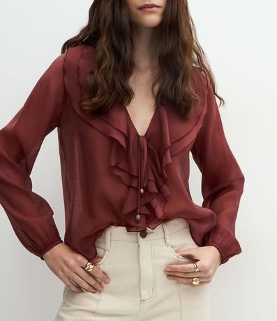 Blusa Amplia en Organza con Escote en V y Volados 4