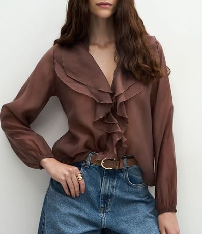 Blusa Amplia en Organza con Escote en V y Volados 4
