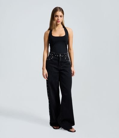 Pantalón Wide en Jeans con Tachas Laterales y Cintura Mediana 2