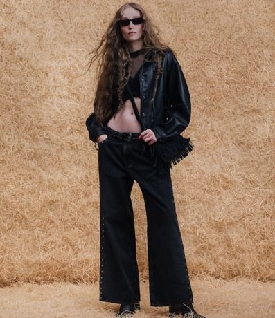 Pantalón Wide en Jeans con Tachas Laterales y Cintura Mediana