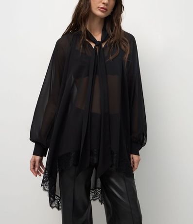 Blusa en Chiffon con Cuello Lazo y Encaje en el Ruedo 4