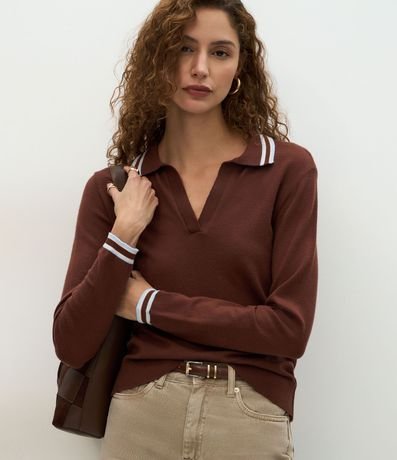 Blusa en Punto con Cuello Polo y Biés Contrastantes