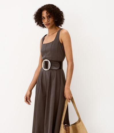 Vestido Evasê Midi en Viscosa con Escote Cuadrado y Recortes