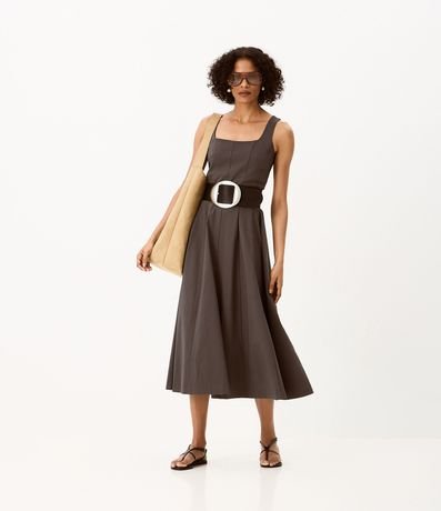 Vestido Evasê Midi en Viscosa con Escote Cuadrado y Recortes 2