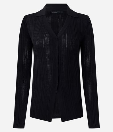 Blusa Regular en Punto con Leve Transparencia y Cuello Polo