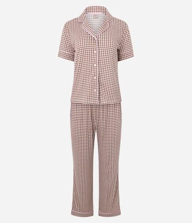 Pijama Larga Americana en Rib con Estampado de Cuadros Vichy 6