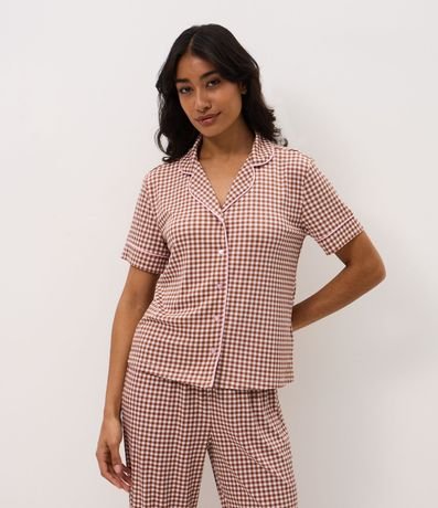 Pijama Larga Americana en Rib con Estampado de Cuadros Vichy 2