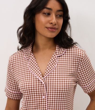 Pijama Larga Americana en Rib con Estampado de Cuadros Vichy 3