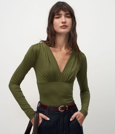 Blusa en Poliamida con Escote en V y Mangas Largas