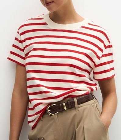 Remera Manga Corta en Algodón con Rayas Verticales y Cuello Redondo 4