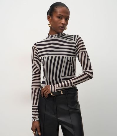 Blusa en Tule con Estampa Abstracta y Cuello Alto