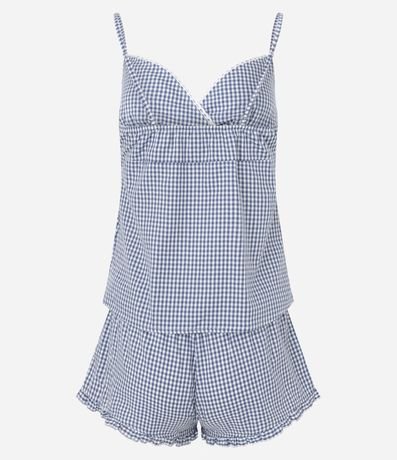 Pijama Short Doll en Algodón con Estampa de Cuadros y Escote Corazón 9