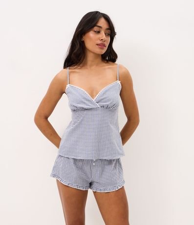 Pijama Short Doll en Algodón con Estampa de Cuadros y Escote Corazón