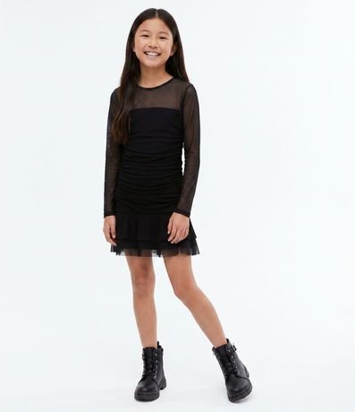 Vestido Infantil en Tule con Manga Larga y Fruncido – Talle 5 a 14 años