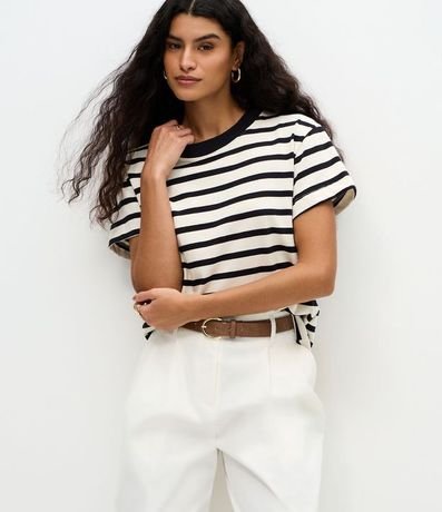 Blusa Rayada en Algodón con Cuello Contrastante