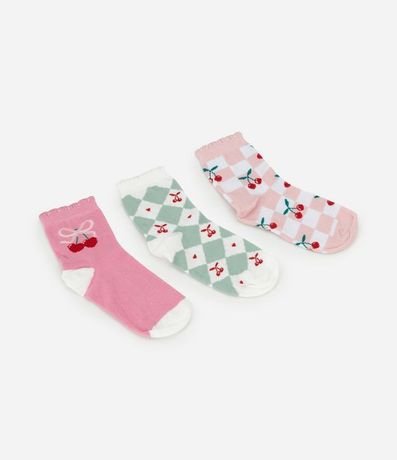 Kit 03 Pares de Medias Infantil con Estampa de Cerezas – Talle 19 a 34