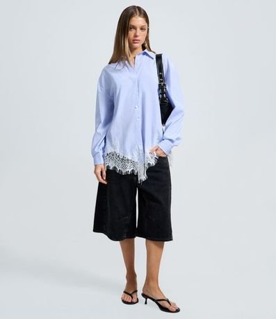 Camisa Oversize de Tricoline con Rayas y Detalle de Renda 2