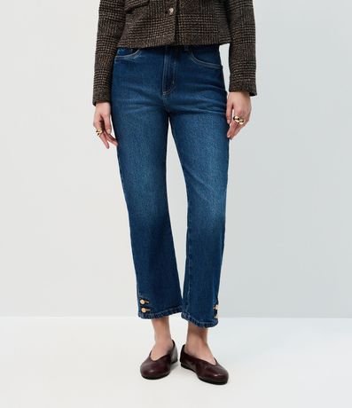 Pantalón Recto Cropped Jeans con Cintura Alta y Botones en el Ruedo 3