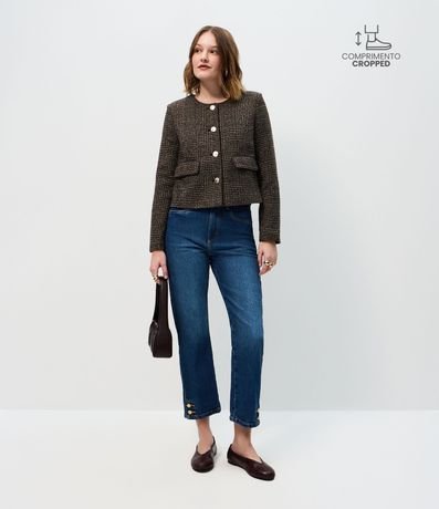 Pantalón Recto Cropped Jeans con Cintura Alta y Botones en el Ruedo