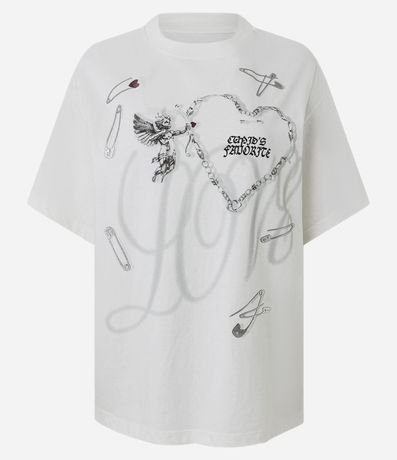 Remera Boxy en Algodón con Estampado de Corazones y Lettering
