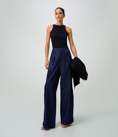 Pantalón Wide Leg en Jeans con Cintura Traspasada 1
