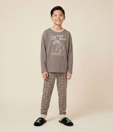 Pijama Largo Infantil con Estampado Dinosaurio y de Cuadros – Talle 5 a 14 años