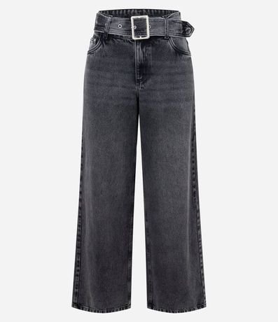 Pantalón Wide Leg Jeans con Cintura Baja y Cinturón con Hebilla