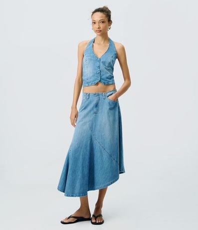 Pollera Midi en Jeans Asimétrica sin Cintura
