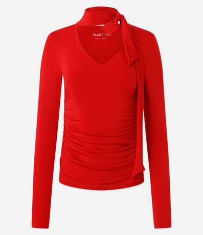 Blusa Fruncida en Microfibra con Escote V y Cuello Lazo 5