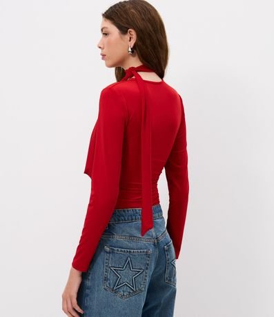 Blusa Fruncida en Microfibra con Escote V y Cuello Lazo 4