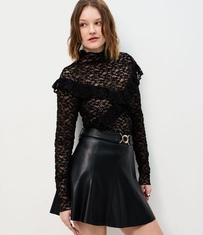 Blusa en Encaje Aterciopelado con Aplicación de Volados