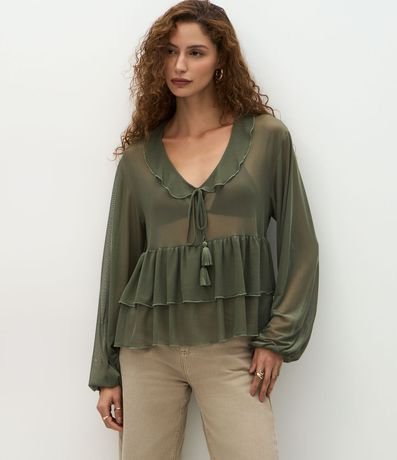 Blusa Bata en Tule con Volados y Lazo Delantero